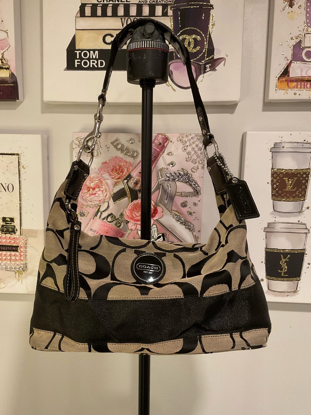 Coach Tan and Black Signature Canvas Shoulder Bag